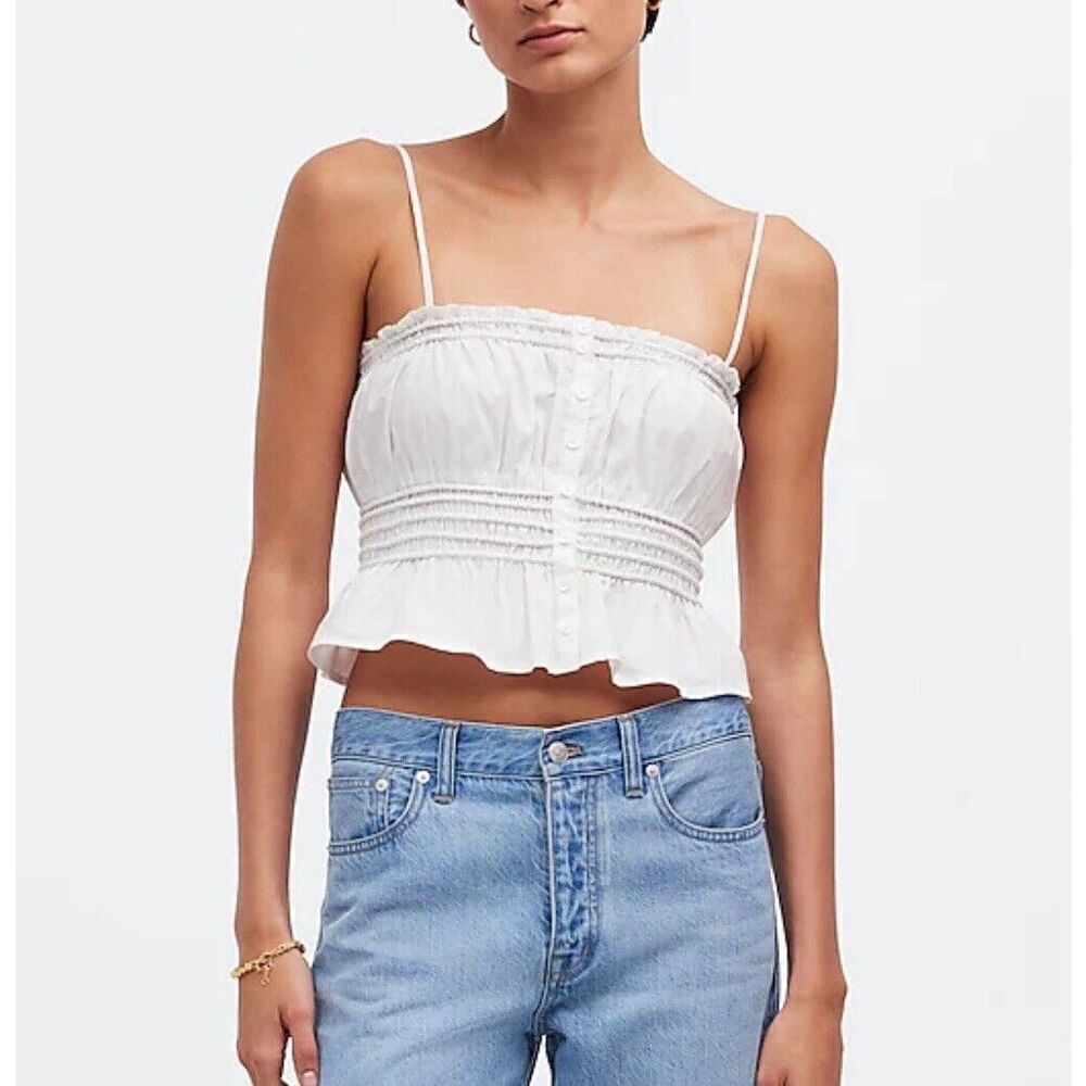 MADEWELL Top Women Small White NEW Smocked Button-Front Crop Poplin NQ524